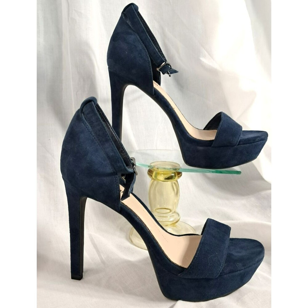 Gianni Bini Platform Heels Navy Blue Stiletto Ankle Strap Size 7.5 Suede 5" Heel